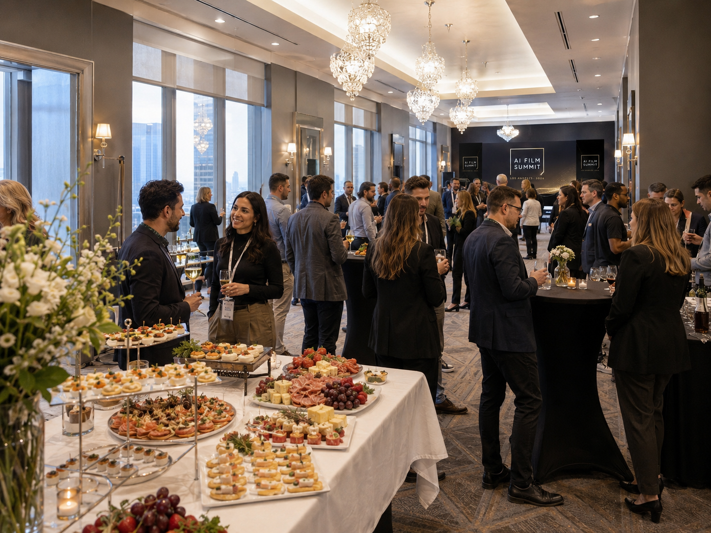 Attendees networking around the catering tables